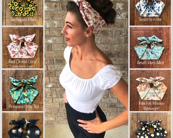 Pequeños estampados florales Miranda Retro Hair Wrap Diadema ancha con lazo para atar Pañuelo para la cabeza Flores Rifle Paper Co. Tela Años 50 Rockabilly PinUp Vintage