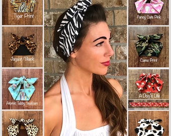 Animal Pet Dog Cat Bird Print Leopard Zebra Miranda Retro Hair Wrap Wide Self Tie Headband Bow 1950s 60s Head Scarf Rockabilly PinUp Vintage