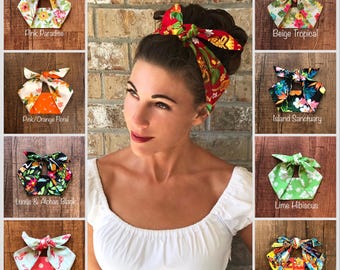 Tropical Hawaiian Tiki Miranda Retro Hair Wrap Wide Self Tie Headband Bow  Head Scarf 1950s 1940s Hula Travel Rockabilly PinUp Vintage