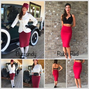 May include: Two women wearing different coloured skirts. The skirt on the left is burgundy and the skirt on the right is ruby red. Both skirts are knee-length and fitted.
