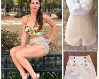 Light Beige Ecru Slim Stretch Jayne Retro Shorts Lightweight Twill Shorts Pin Stripe Rockabilly Vintage Pinup High Waist S 24”-25" Waist XS