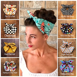 Retro Mid Century Modern Miranda Hair Wrap Wide Self Tie Headband Geometric Atomic Head Scarf 1950s 1940s 1960s Rockabilly PinUp Vintage