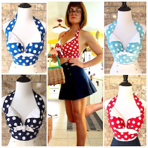 Polka Dot Ava Halter Top 1950s Retro Style Minnie Crop Midriff Vintage Rockabilly Red Aqua Black Navy PinUp XS S M Fits 30A-36DDD