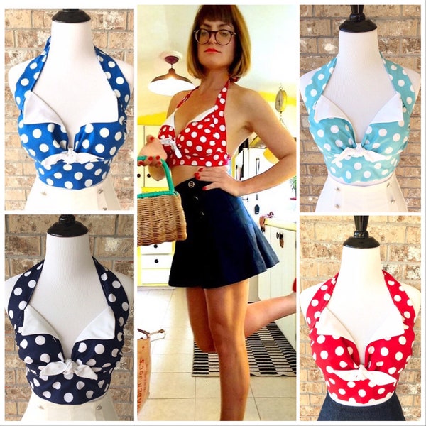 Polka Dot Ava Halter Top 1950s Retro Style Minnie Crop Midriff Vintage Rockabilly Red Aqua Black Navy PinUp XS S M Fits 30A-36DDD