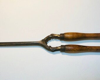Antique Vintage travel Curling Iron with Wood Handles