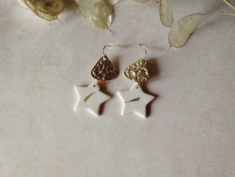 Ceramic earrings triangle holders porcelain star dying earrings white and gold gold hooks and connectors