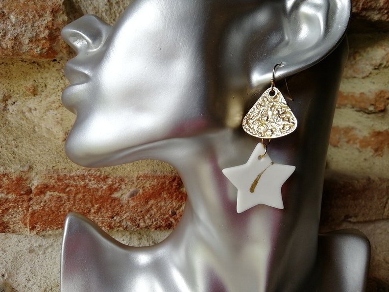 Ceramic earrings triangle holders porcelain star dying earrings white and gold gold hooks and connectors