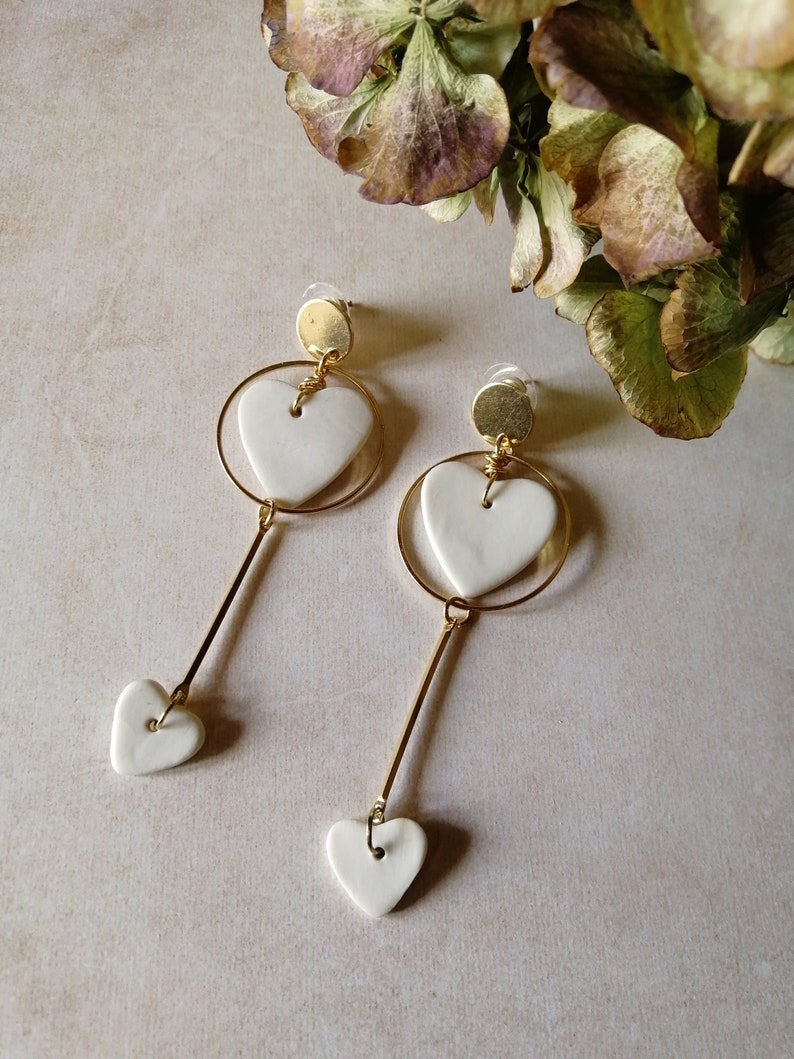 Porcelain earrings, gold and white heart earrings, dangling earrings, Valentine's Day gift, wedding jewelry image 2