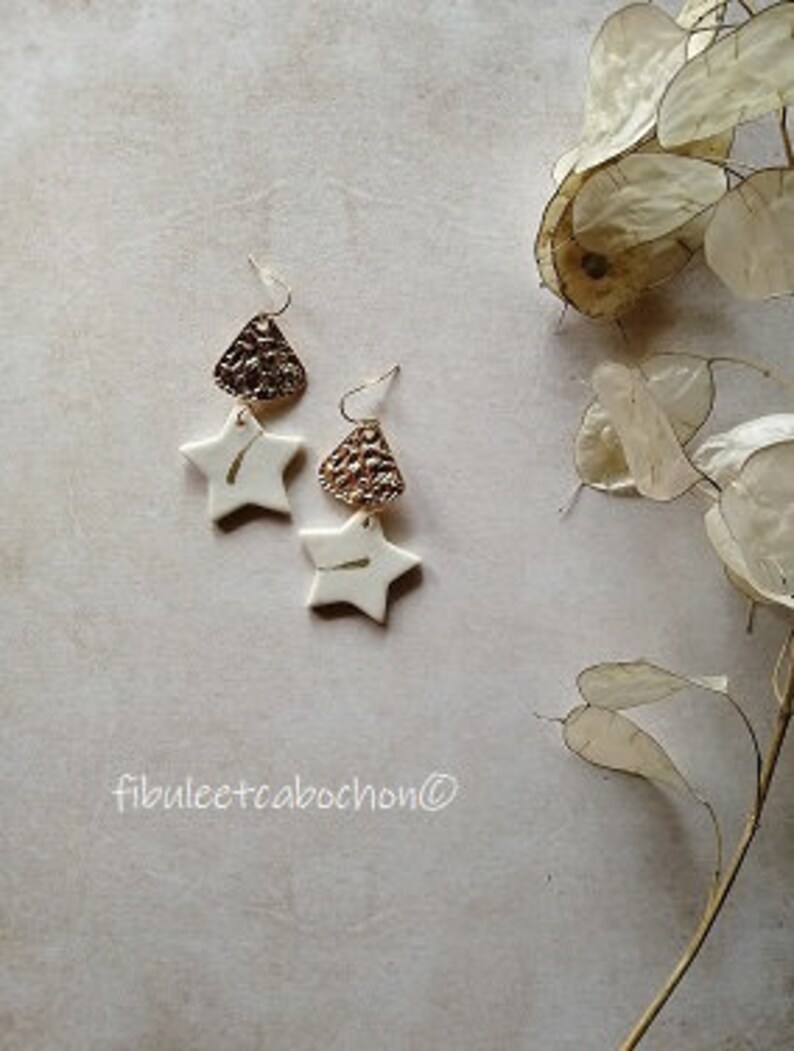 Ceramic earrings triangle holders porcelain star dying earrings white and gold gold hooks and connectors