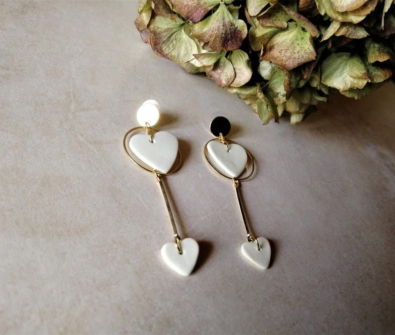 Porcelain earrings, gold and white heart earrings, dangling earrings, Valentine's Day gift, wedding jewelry image 4