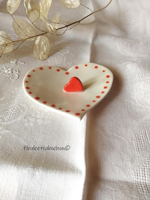 Coupelle Coeur Céramique Blanche et Rouge, Vide-Poche, Porte Bijoux, Cadeau St Valentin, Fête Des Mè