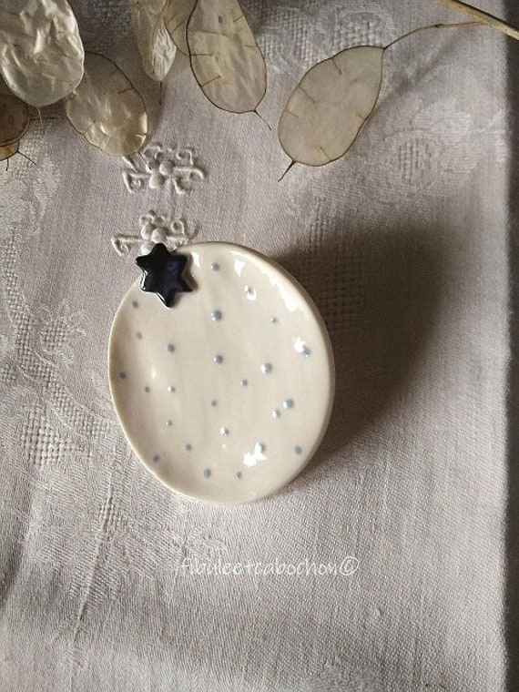 Coupelle Céramique Étoile, Blanche et Bleue, Vide-Poche, Porte-Bijoux, Porcelaine Émaillée