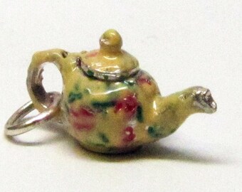 FLORAL TEAPOT Charm, Tea Charm, Tea Jewelry, Teapot Necklace Pendant, Sterling Silver Charms, Enamel Charm, Brown County Silver, Charm Only