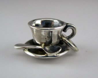 Cup with Saucer Charm Pendant Silver Metal Color Alloy Enamel Charm