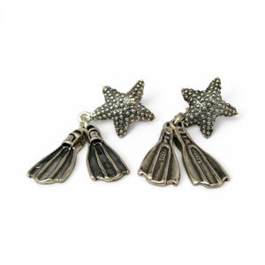 Sterling Silver Starfish Swim Fin Earrings Dangle Drop Beach Diver Diving Gift