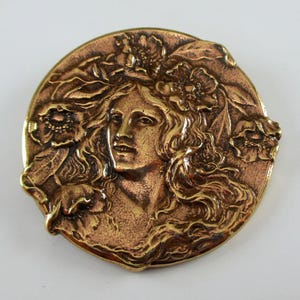 Art Nouveau Lady with Flowers in Hair Brass Pin