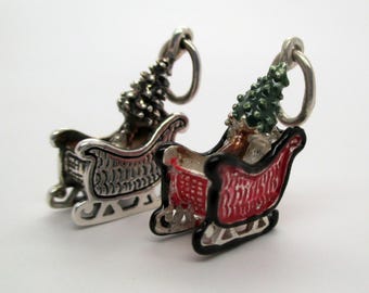 Sterling Silver Sleigh Charm, Christmas Tree, Enamel Detail
