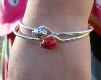Oxidized Sterling Silver Ladybug Bangle, Enamel Beetle Charm