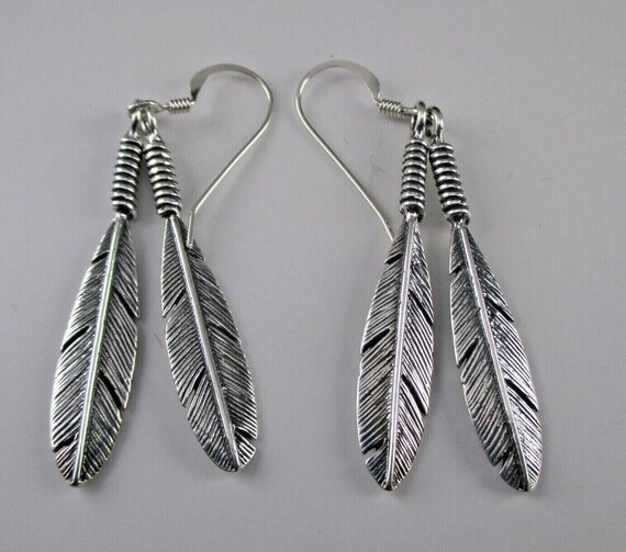 Sterling Silver Two Feathers Dangle Earrings - image 2
