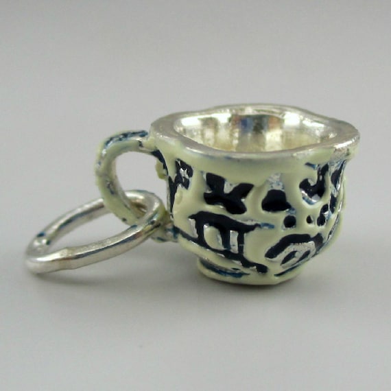TEACUP CHARM, Silver Teacup, Blue Willow Cup, Ste… - image 1