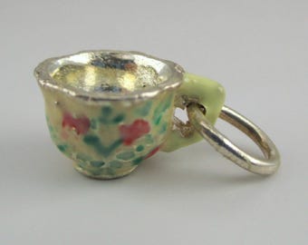 Floral Teacup Charm, Sterling Silver, Enamel Flowers