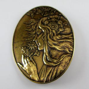 GIRL WITH FLOWER, Art Nouveau, Brass Pin, Brass Brooch, Girl Smelling Flower, Gift for Her, Antique Pin, Handbag Pin, Purse Pin, Lady Brooch