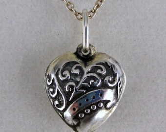 SILVER HEART CHARM, Sterling Silver, Heart, Puffy Heart, Victorian Heart, Antiqued Silver, Gold Vermeil, Pendant, Necklace, Charm Bracelet