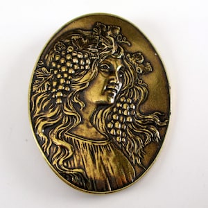 Art Nouveau Pin, Art Nouveau Brooch, Lady with Grapes, Brass Pin, Vintage Pin, Antique Jewelry, Handbag Pin, Purse Pin, Statement Brooch