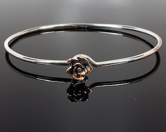 Sterling Silver Rose Bangle Charm Bracelet Flower Design Stacking Vintage NOS