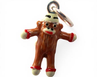 Sterling Silver Enamel Sock Monkey Charm for Bracelet Vintage Nostalgia Gift
