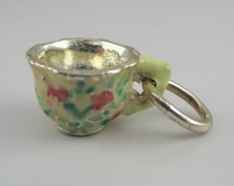 Floral Teacup Charm, Sterling Silver, Enamel Flowers