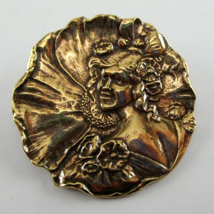 Lady before Flower Art Nouveau Brass Pin French Casting
