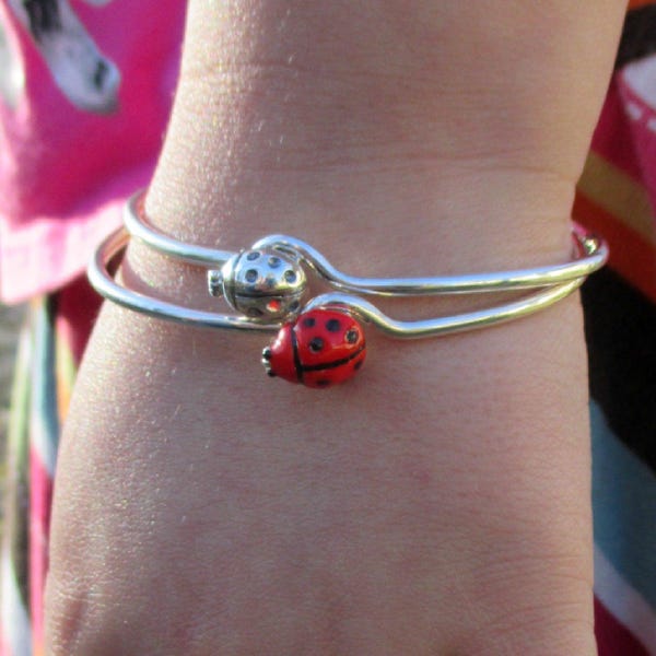 Oxidized Sterling Silver Ladybug Bangle, Enamel Beetle Charm