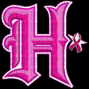 May include: A pink letter H with a white outline, in a gothic font. The letter is 3D and has a pink ribbon with a star behind it.
