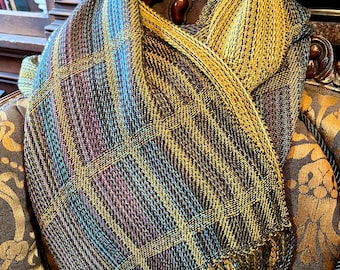 Iridescent Tencel Shawl. Blue, green and gold colors.