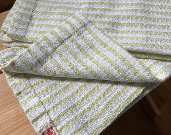 Pair extra large handwoven linen and cotton hand towels. Green and white stripes.