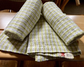 Pair extra large handwoven linen and cotton hand towels. Light green, white and un-bleached linen colors.