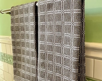 Pair of extra large handwoven cotton and linen kitchen/bathroom towels. Cedar green and white.