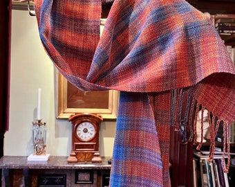 Tencel Shawl/Scarf. Red with blue stripes for entire length.