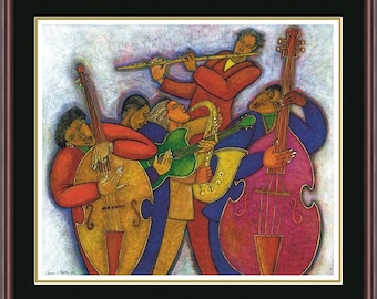Könnte beinhalten: Ein Gemälde einer Jazzband, die Musik spielt. Die Band besteht aus einem Saxophonisten, einem Gitarristen, einem Bassisten und einem Flötisten. Das Gemälde ist in einem farbenfrohen Stil mit kräftigen Linien und Formen gehalten.