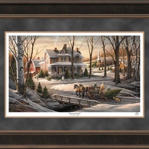 May include: A winter scene with a horse-drawn sleigh carrying a Christmas tree. The sleigh is crossing a wooden bridge over a small stream. A house with a porch and a church are in the background. The scene is painted in a realistic style with warm colors.