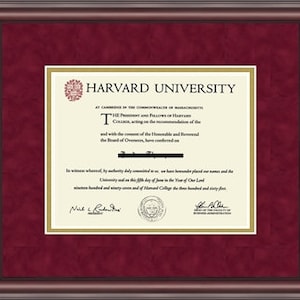 Harvard University Diploma frame , with UV Glass Acid Free Mats Wood Frame