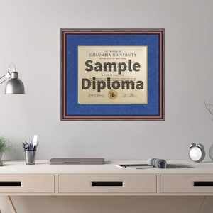 May include: A framed diploma from Columbia University in the City of New York. The diploma is on a cream-colored background with gold lettering and a gold seal. The frame is dark brown with a blue mat.