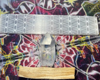 Flower Of Life Laser Etched Selenite+AAA Quartz point+ Palo Santo