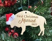 First Christmas Married 2025 Buffalo Bison Wooden Engraved Ornament - First Christmas as Mr. And Mrs.