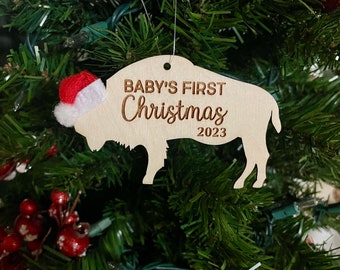 Baby's First Christmas 2023 Buffalo Bison Wooden Engraved Ornament