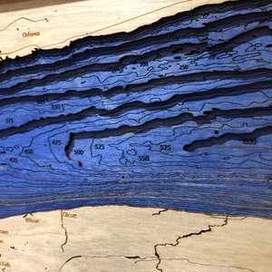 Pu&ograve; includere: Una mappa di legno blu di un lago con curve di livello che indicano la profondit&agrave; in piedi. La mappa mostra la profondit&agrave; del lago che va da 100 a 600 piedi. La mappa include anche i nomi delle citt&agrave; e dei paesi intorno al lago, tra cui Olcott, Wilson, Youngstown, Lewiston e Niagara Falls.