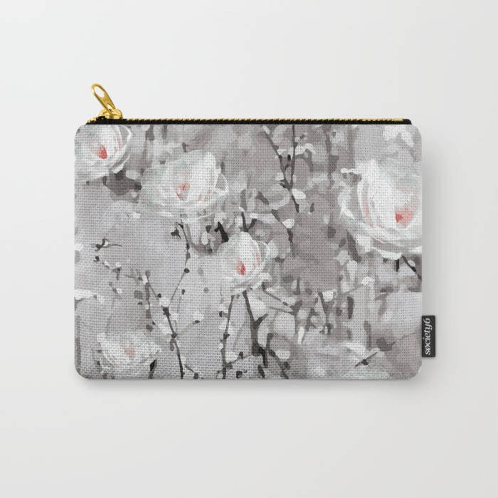 Gray Travel Bag White Floral Carry All Pouch Flower Print Etsy