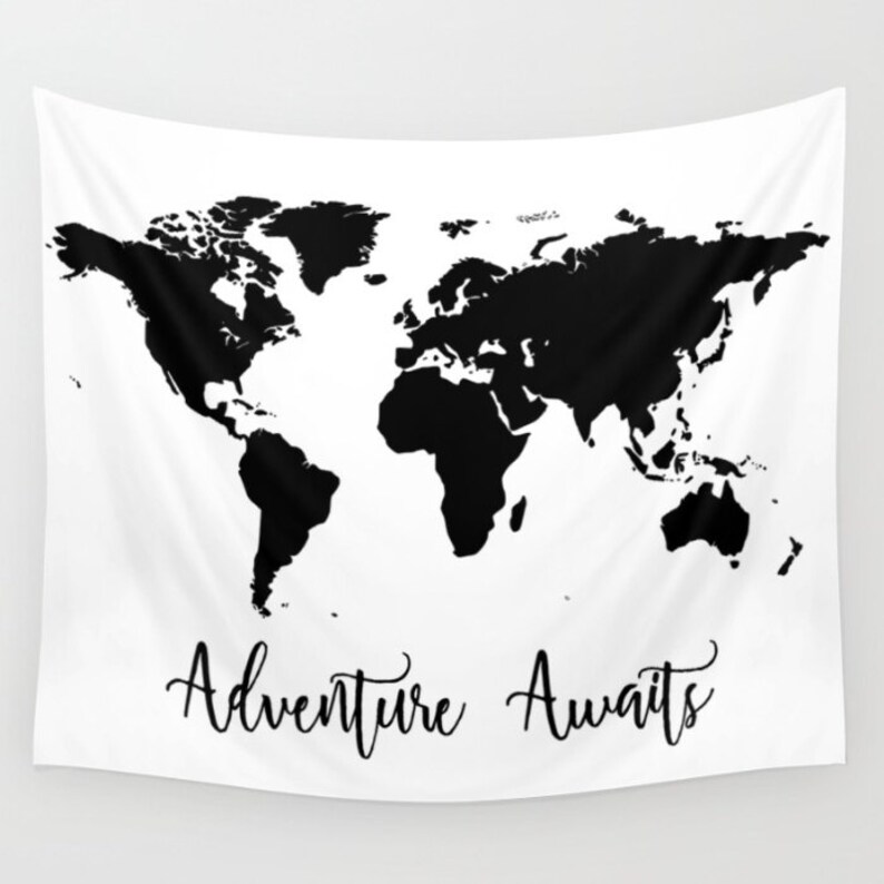 Map Tapestry Adventure Awaits Wall Hanging Black & White | Etsy
