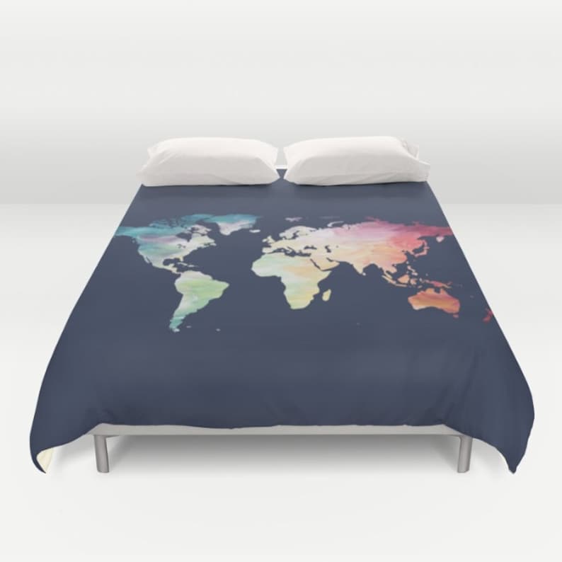World Map Duvet Cover Navy Comforter Full Queen King Etsy